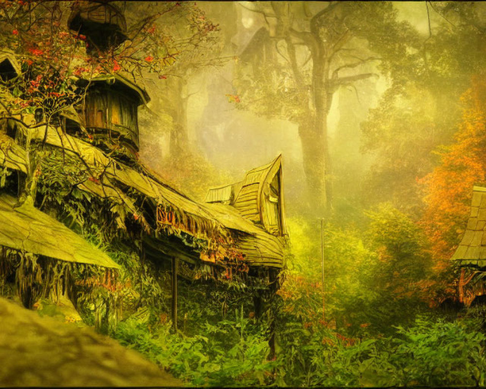 Ethereal forest scene with abandoned wooden house, mist, autumn trees