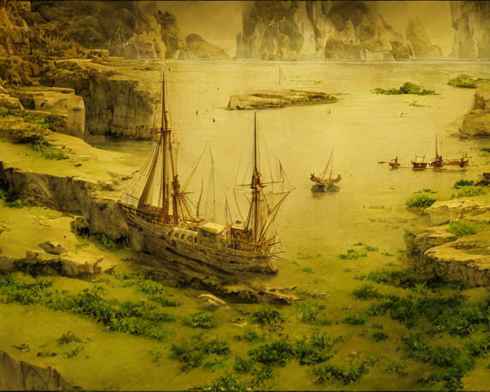 Tranquil river with cliffs, boats, and sailboat in misty golden light