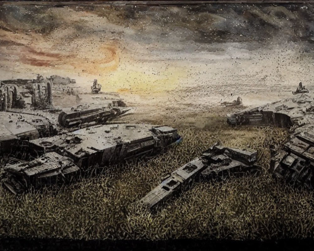 Derelict tanks and abandoned buildings in dystopian landscape