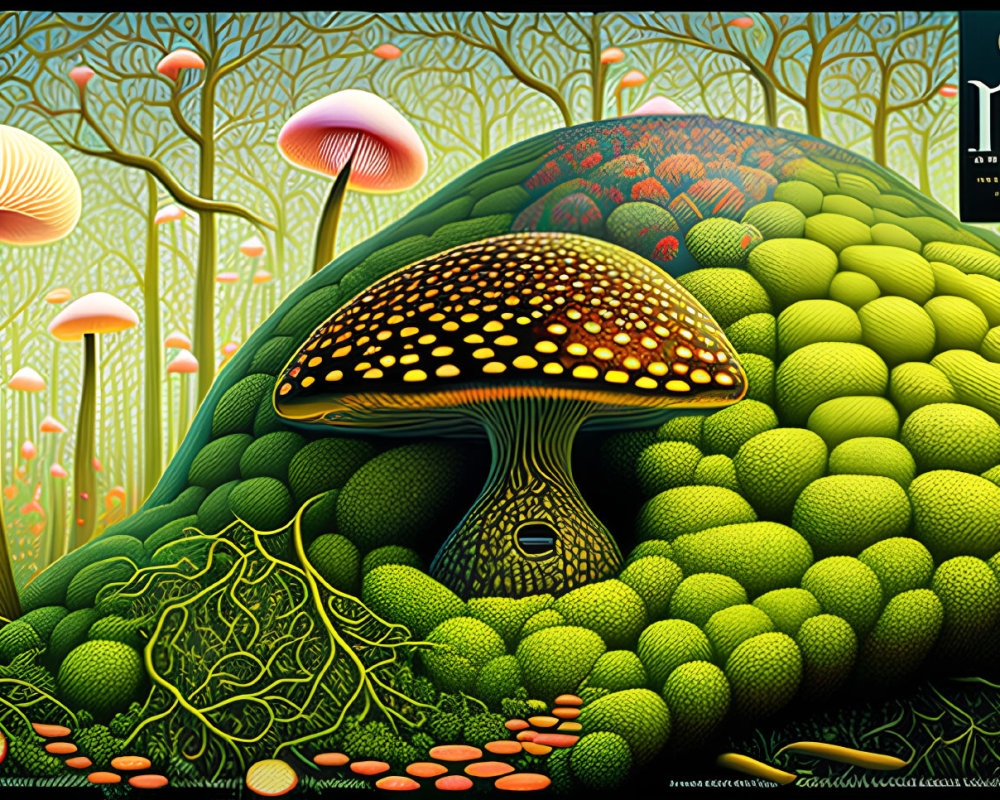 Colorful psychedelic mushroom landscape with intricate patterns and whimsical flora