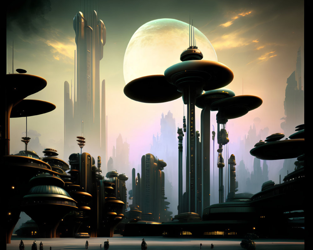 Futuristic cityscape with towering structures and flying vehicles at dusk