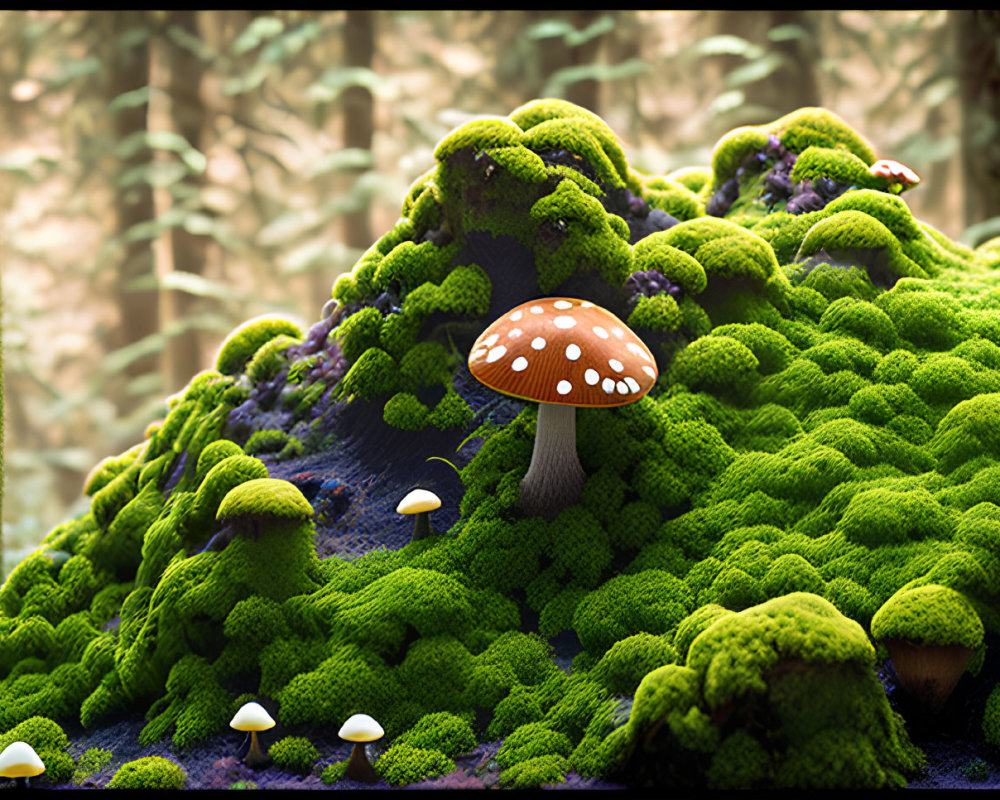 Colorful digital art: Mossy landscape with spotted mushroom and mystical light.