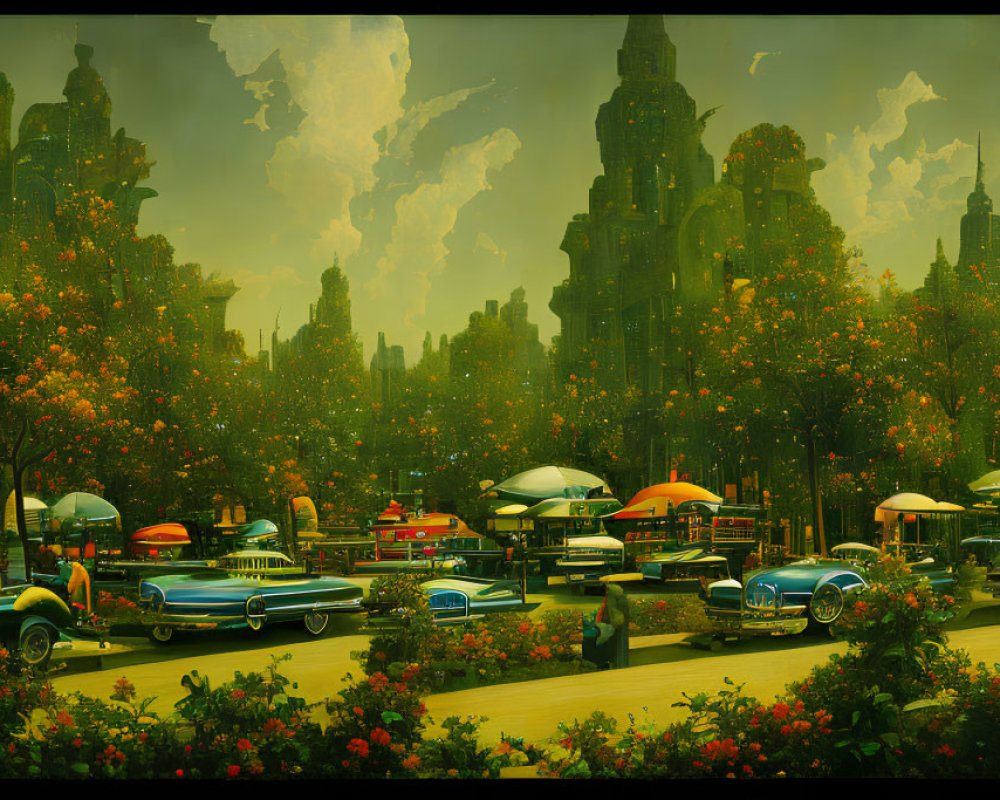 Colorful retro-futuristic cityscape with vintage cars, lush greenery, and art deco buildings