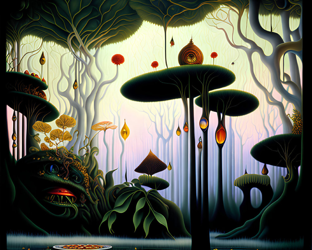 Mystical dark forest with oversized mushrooms and hidden reptilian creature