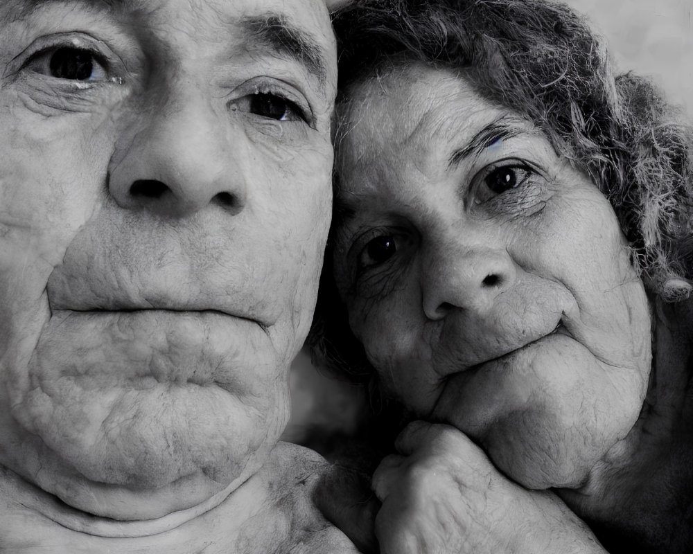 Monochrome portrait of elderly couple gazing at camera