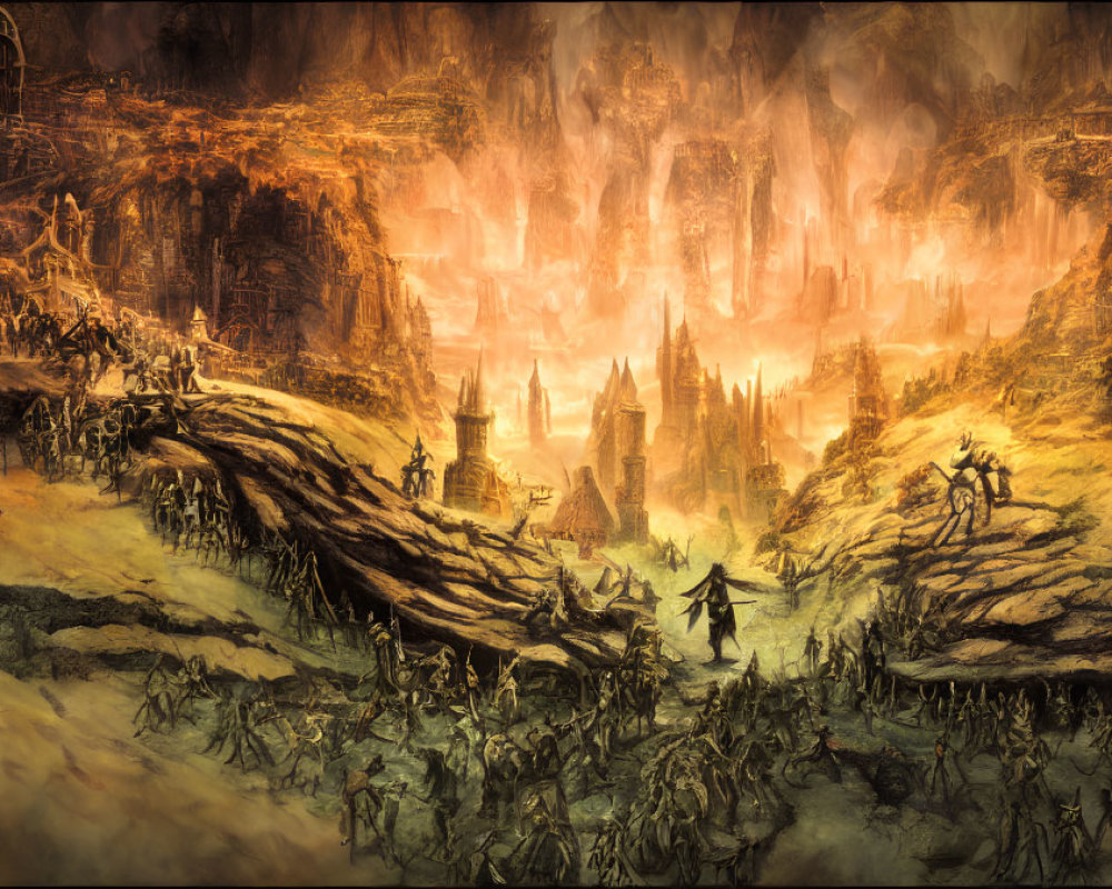 Dark fantasy landscape with fiery abyss, towering spires, gate, and adventurers.