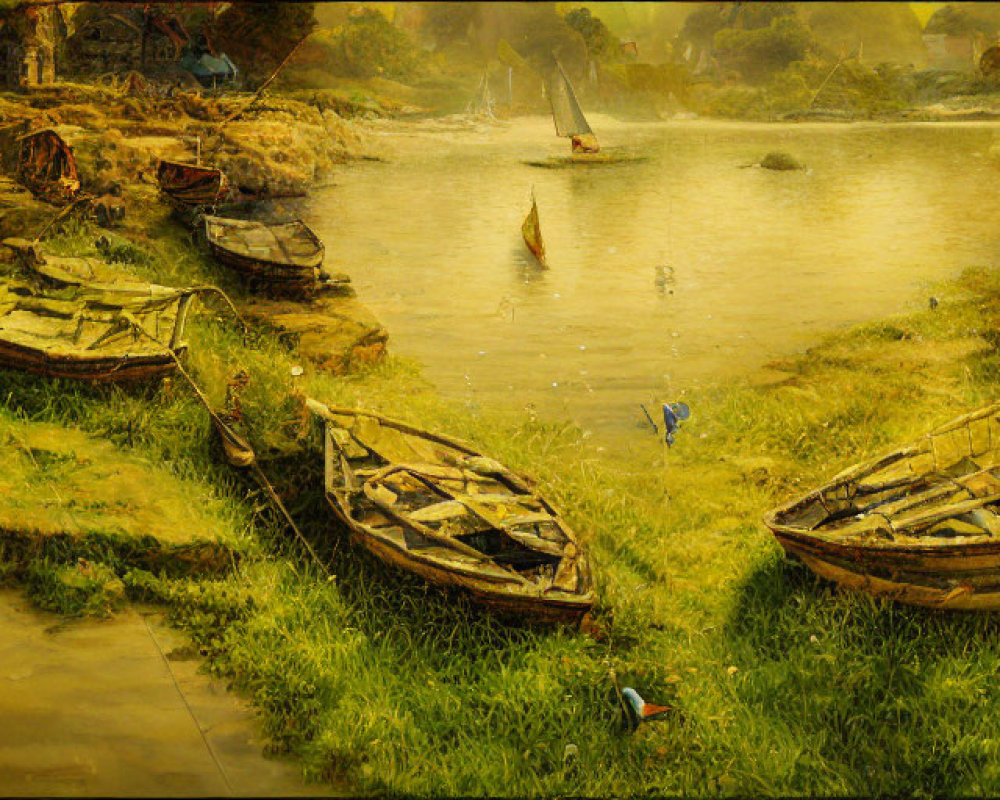 Abandoned boats on overgrown shore with serene river scene