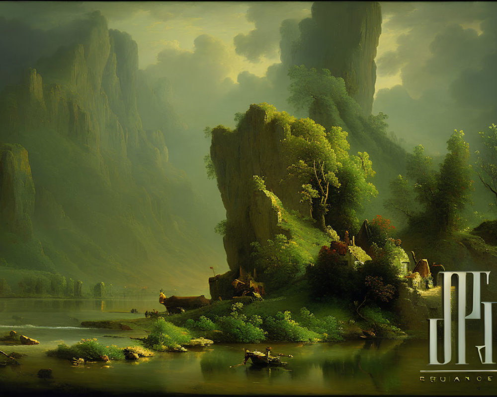 Tranquil landscape painting with lush greenery, cliffs, river, boats, mist, and dramatic