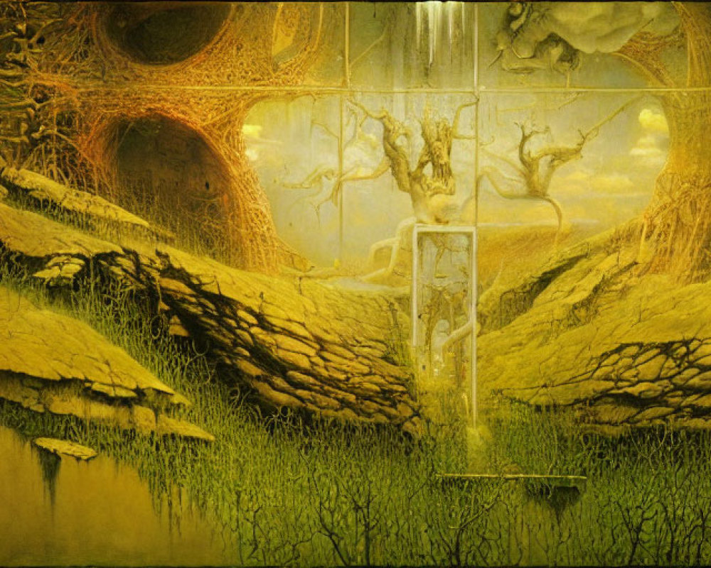 Surreal landscape painting with monolithic door and twisted trees