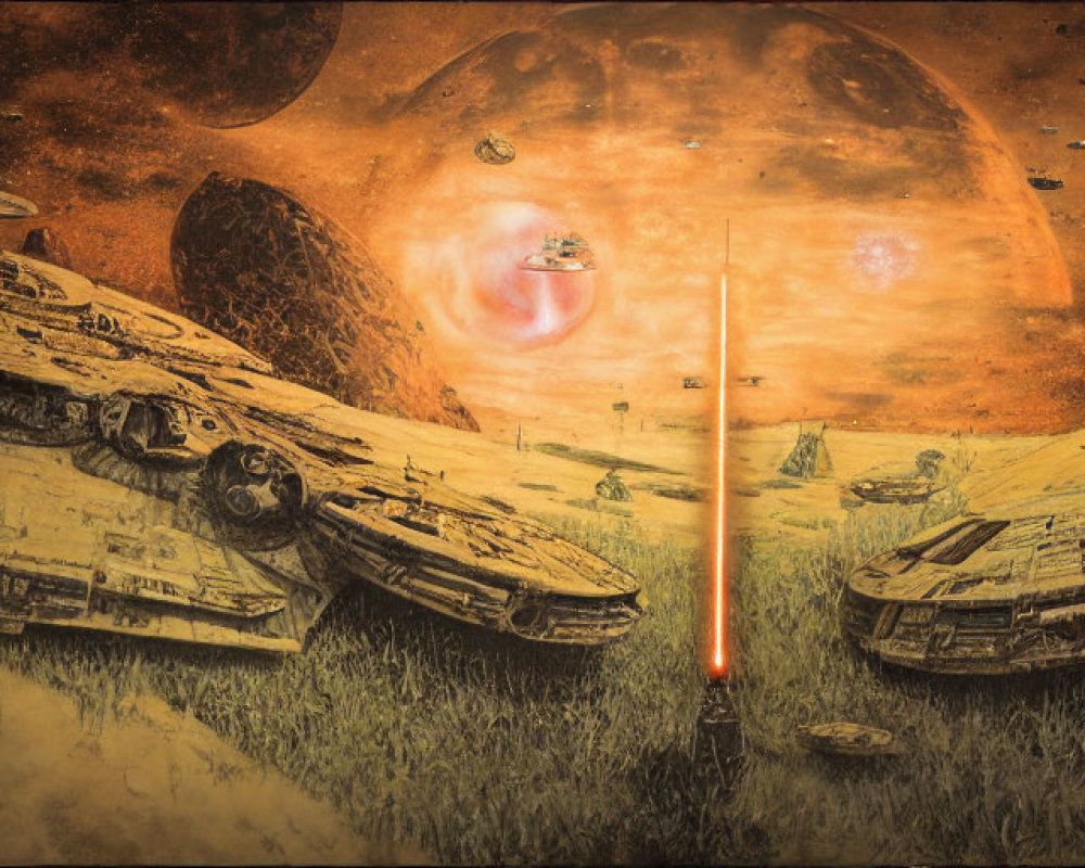 Spaceships on Desert Planet with Reddish Sky and Moons Logo