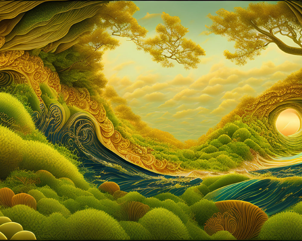 Surreal landscape with swirling patterns and lush greenery