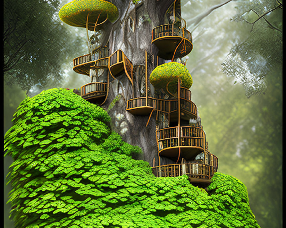 Fantastical treehouses in misty forest setting