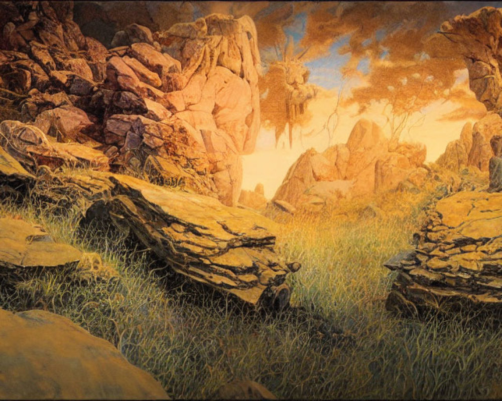 Rocky Terrain and Sunlit Clearing in Serene Landscape