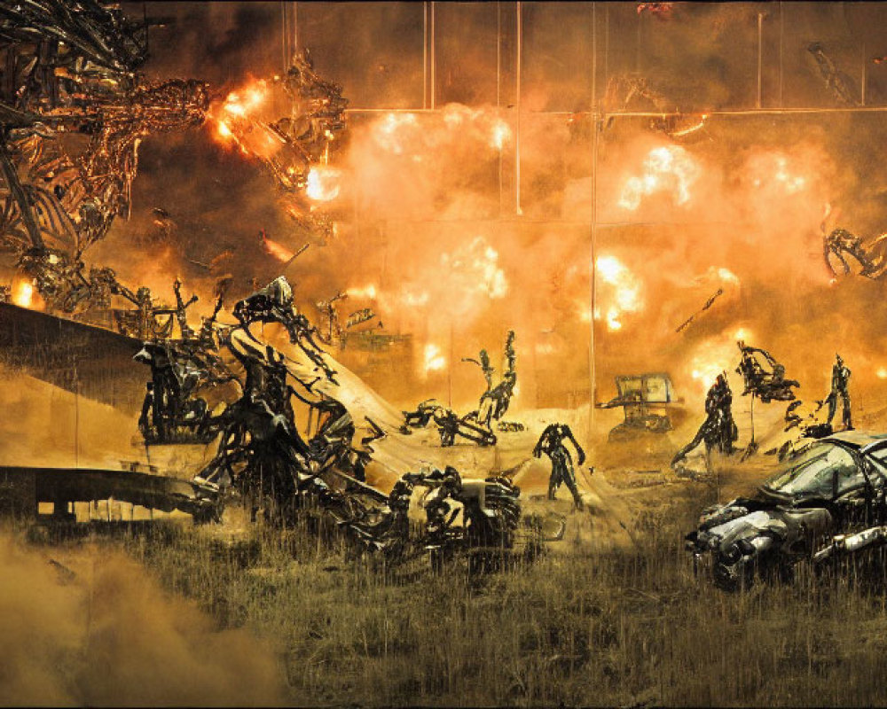 Robots and explosions on futuristic battlefield