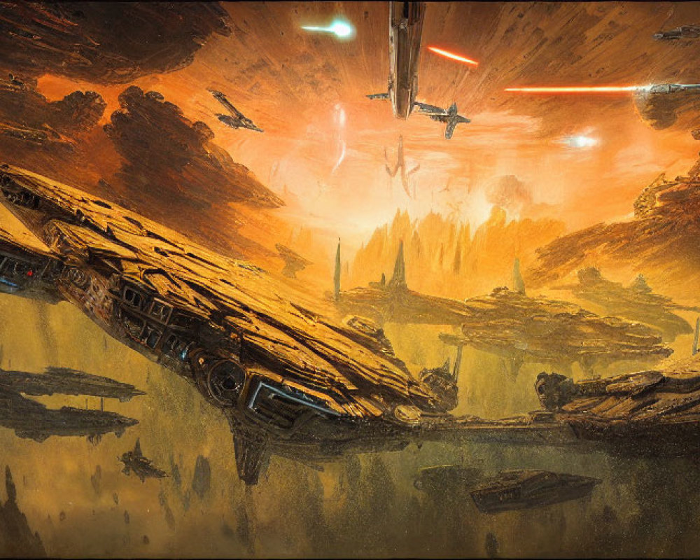 Intense space battle with large starship and fiery backdrop