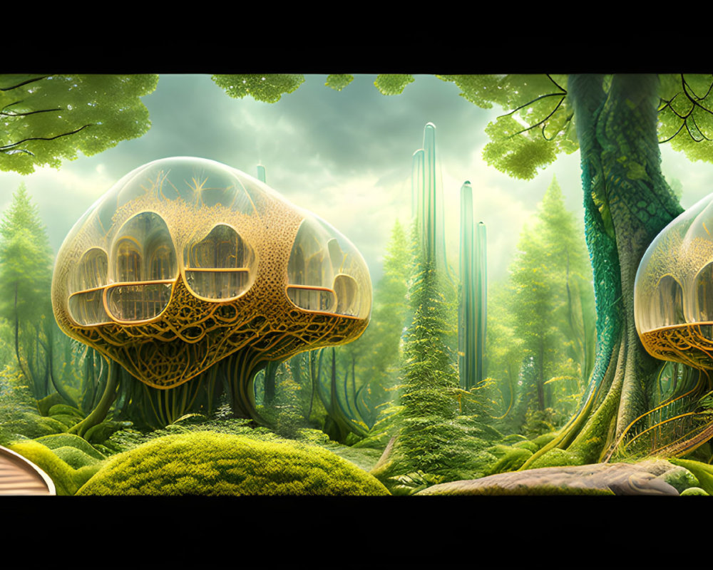 Lush greenery and futuristic treehouses in a fantastical forest