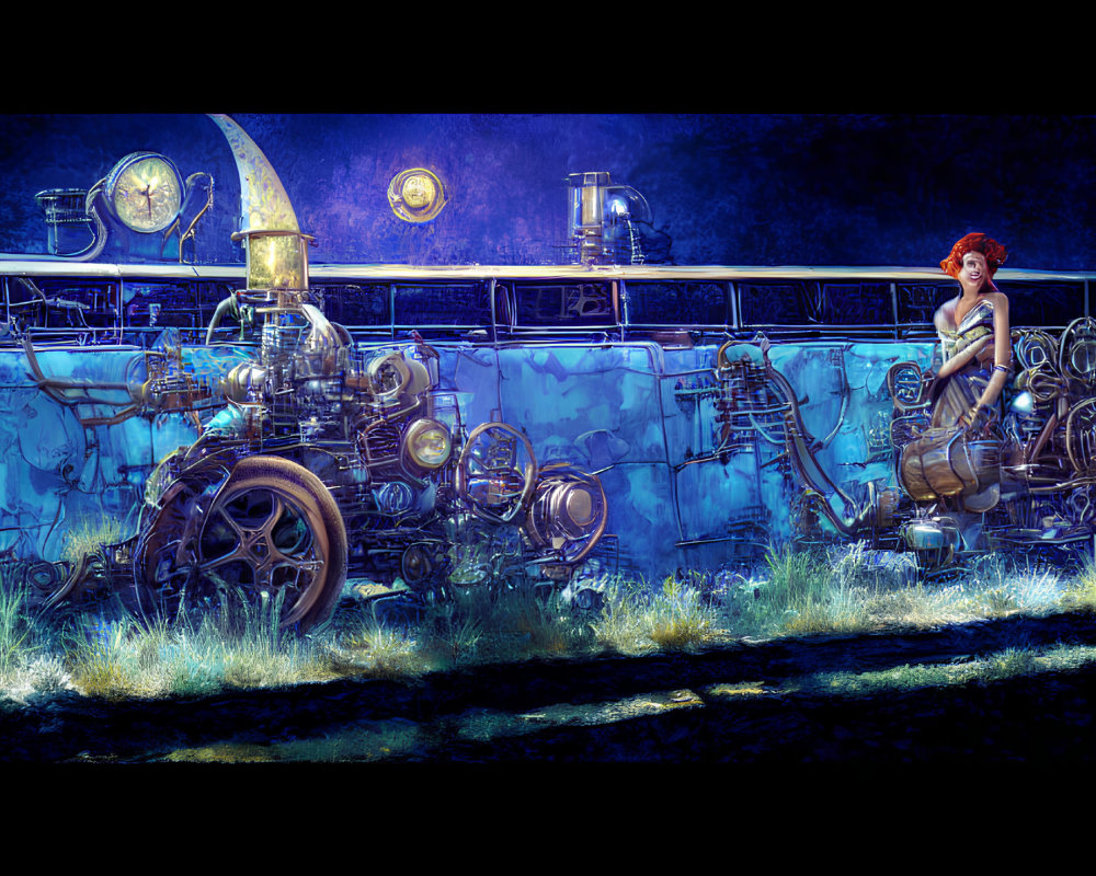 Steampunk-inspired futuristic train with woman and glowing lights.