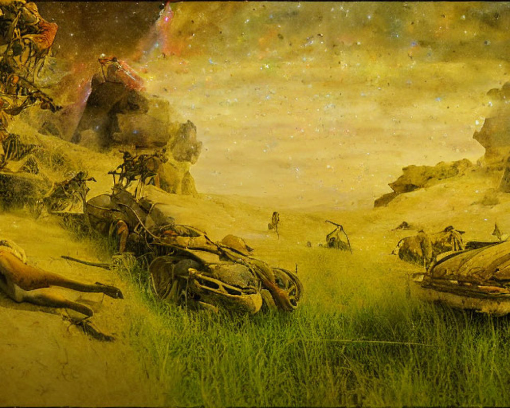 Post-apocalyptic landscape with starry sky, derelict vehicles, scattered belongings, and figures.