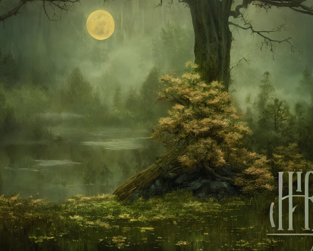 Misty forest scene with full moon, river, ancient tree, and monogram