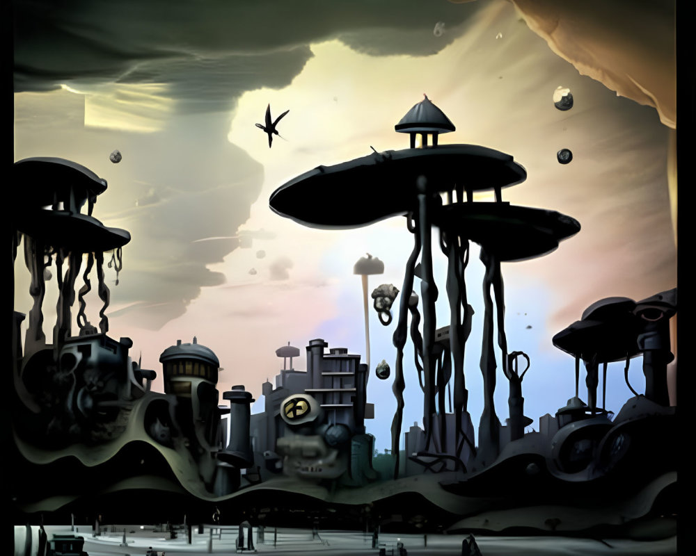 Futuristic cityscape with jellyfish-like buildings and flying vehicles