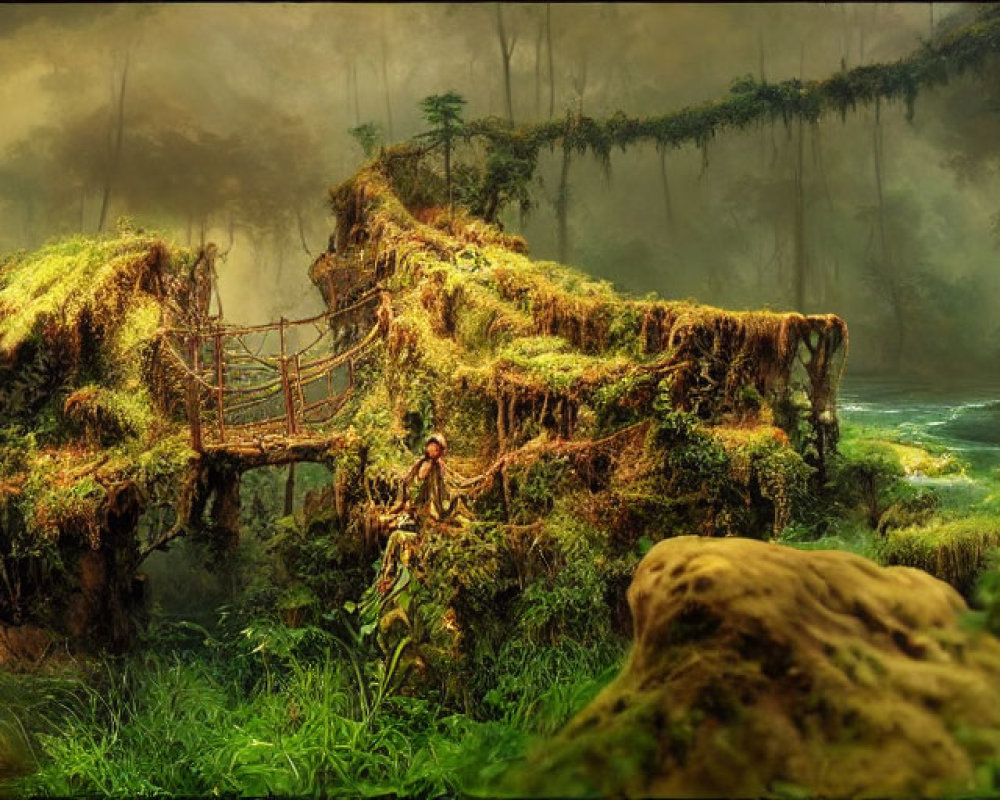 Ancient vine-draped bridges in serene forest river scene