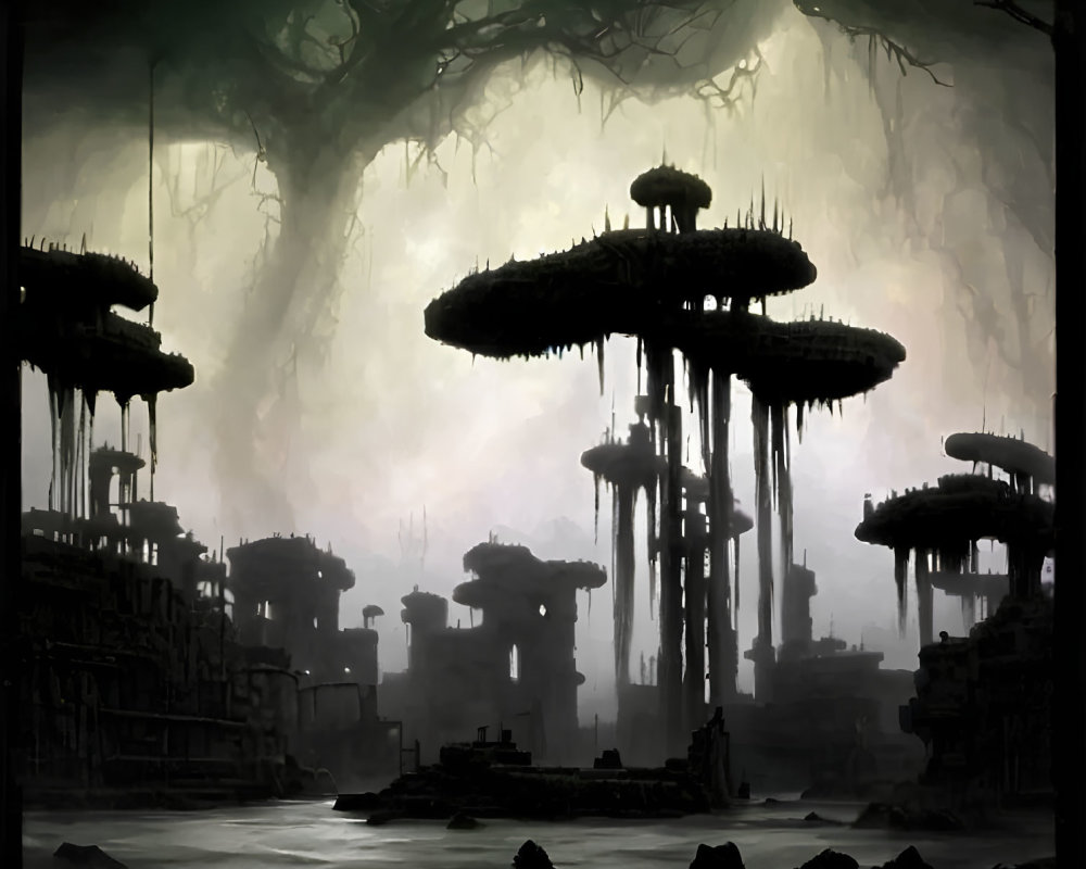 Mist-shrouded landscape with towering fungus-like structures.