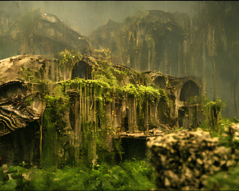 Digital artwork of post-apocalyptic scene with moss-covered skull and dilapidated buildings