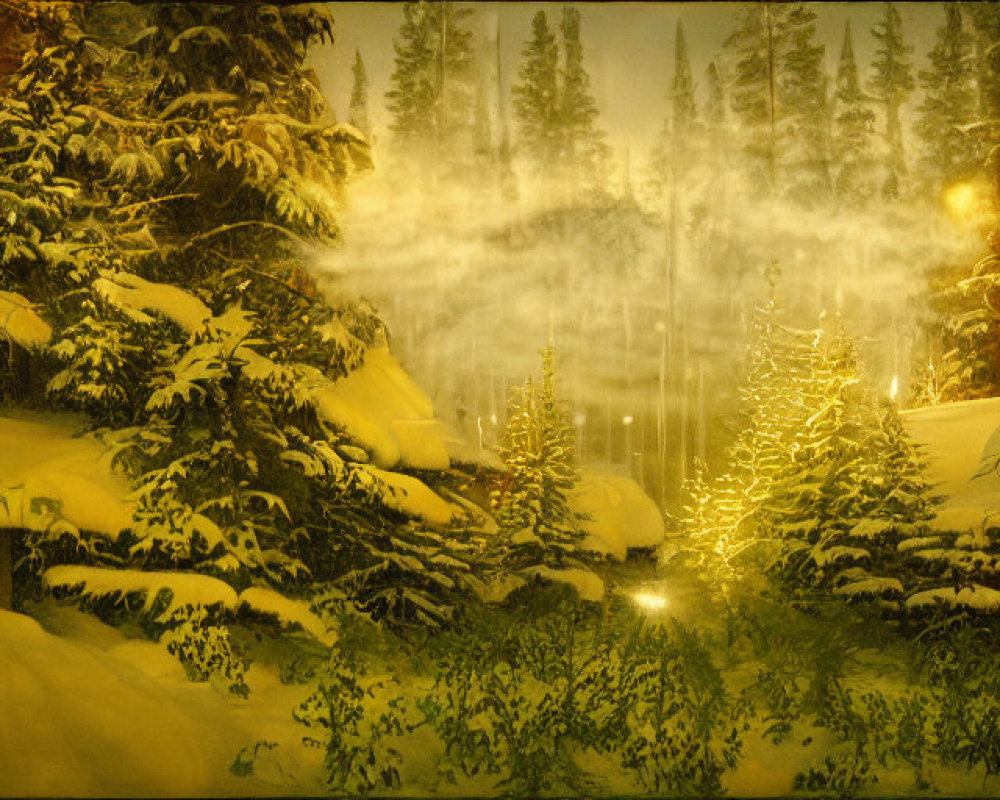 Winter scene: Snow-covered cabins in pine forest with warm light and fog.