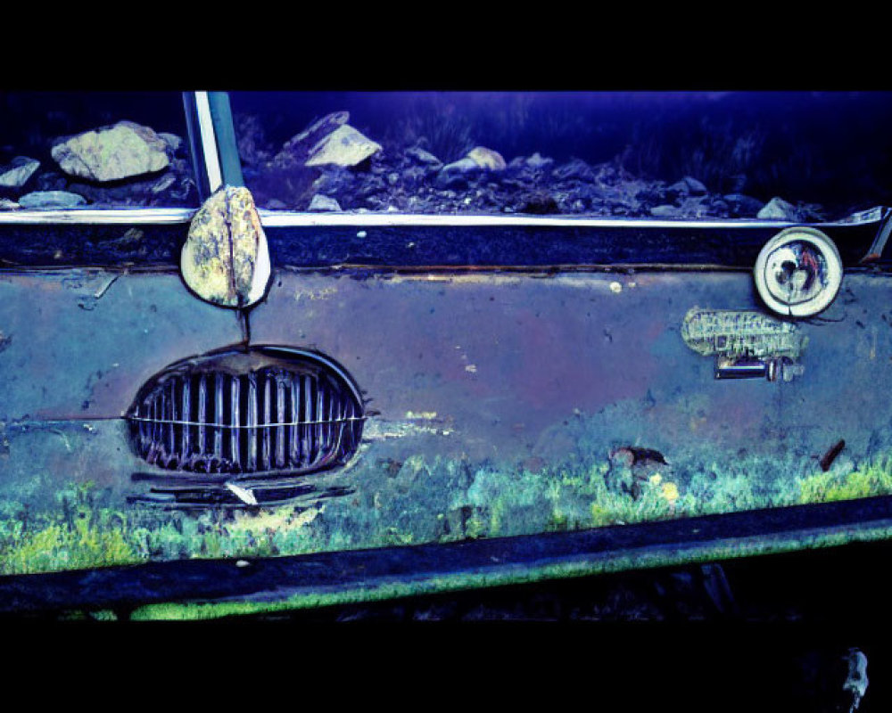 Abandoned vintage car covered in moss and grime