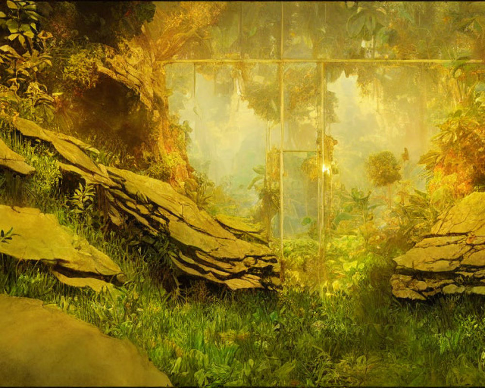 Enchanting mystical forest with golden glow, ethereal bridge, lush vegetation, and rocky cliffs.