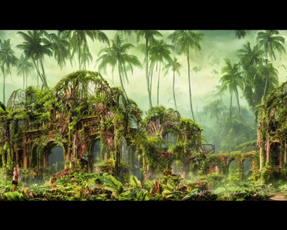 Lush jungle with overgrown ruins and vibrant vegetation under misty sky