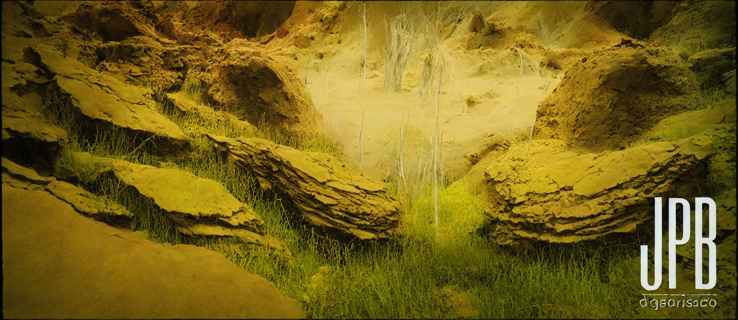 Sandy landscape with layered rocks, waterfall, and green filter