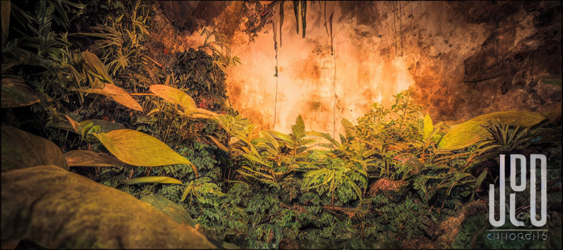 Greenery-filled scene against textured earthen wall with water stains