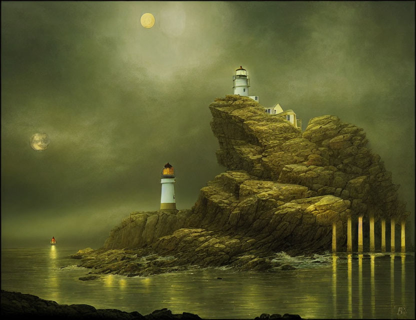 Moody seascape with two lighthouses, rugged cliffs, two moons, and red buoy.