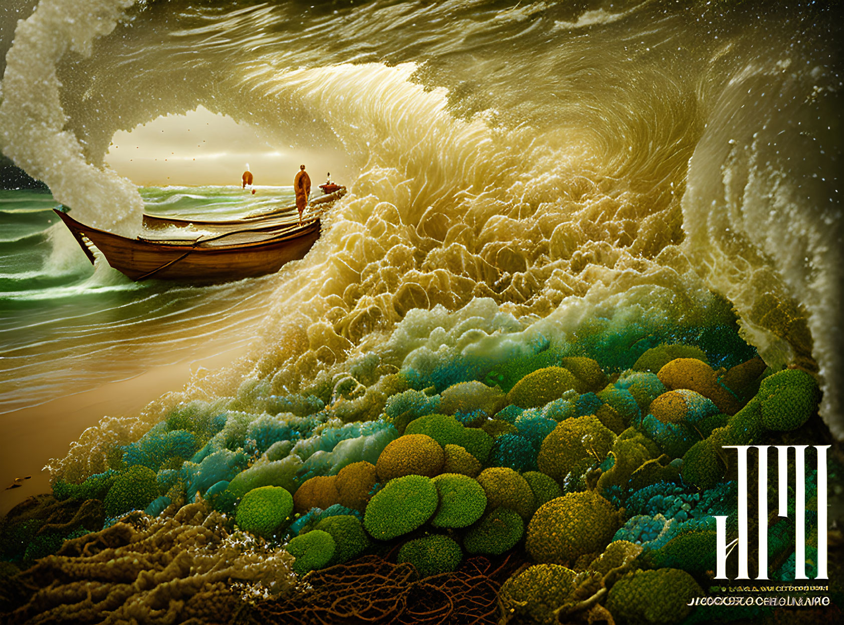 Surreal seascape with figures, boat, giant waves, and detailed underwater ecosystem.