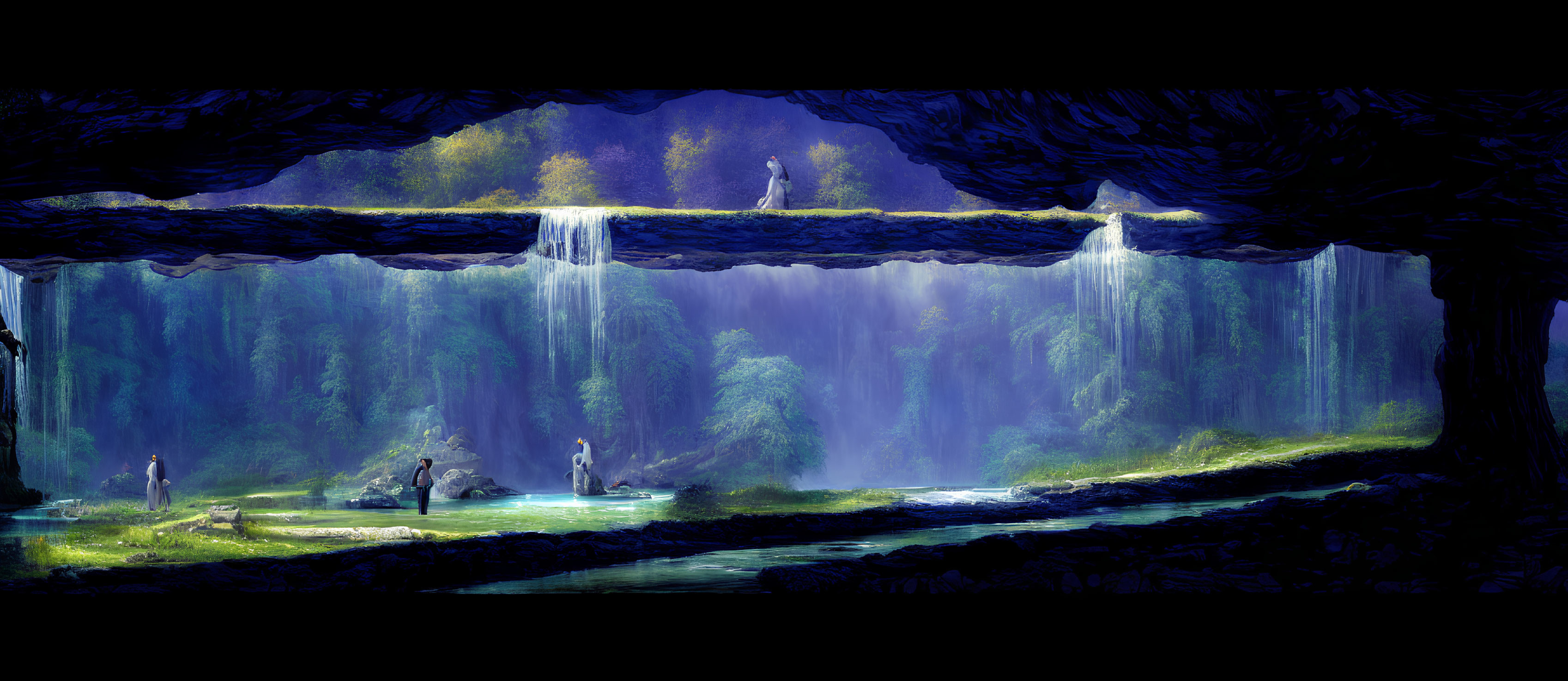 Ethereal figures in tranquil cavern with waterfall veil