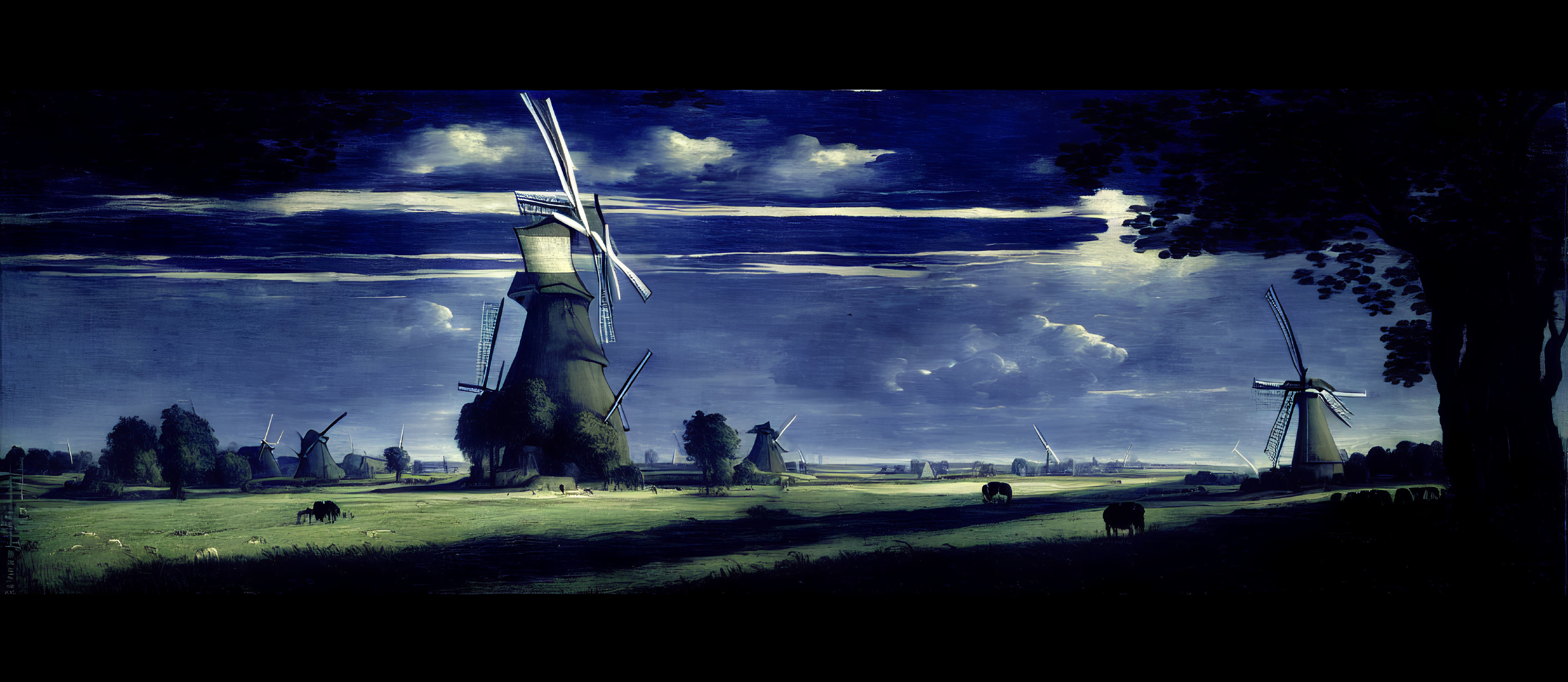 Nocturnal landscape painting with illuminated windmills, grazing animals, and dramatic sky