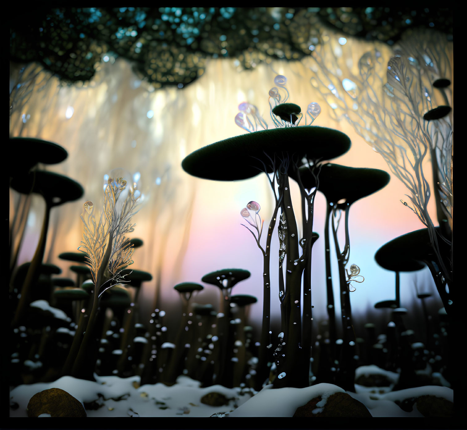 Fantastical forest scene with oversized mushrooms and ethereal plants under twilight sky