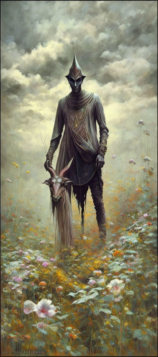 Mysterious medieval figure in armor and cloak in flower-filled field