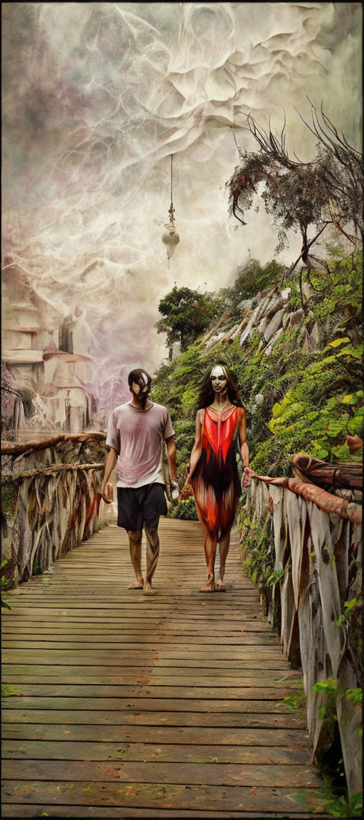 Couple walking on wooden boardwalk in fantastical landscape with cliffs and tower