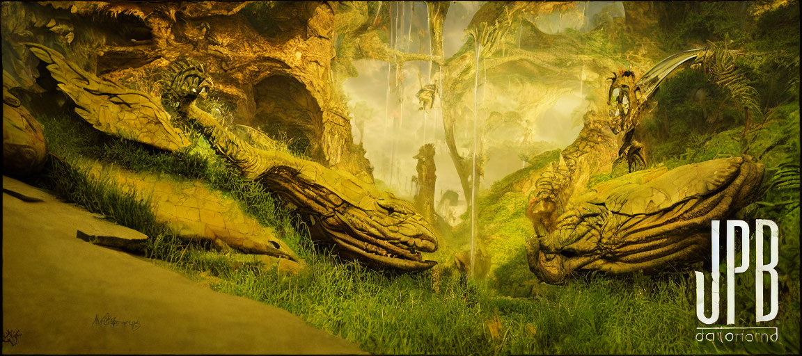 Detailed digital artwork: Two dragons in lush fantasy landscape