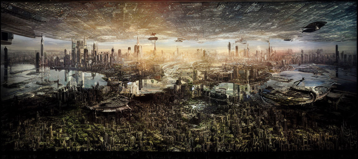 Dystopian cityscape with skyscrapers, flying vehicles, and sunlit horizon