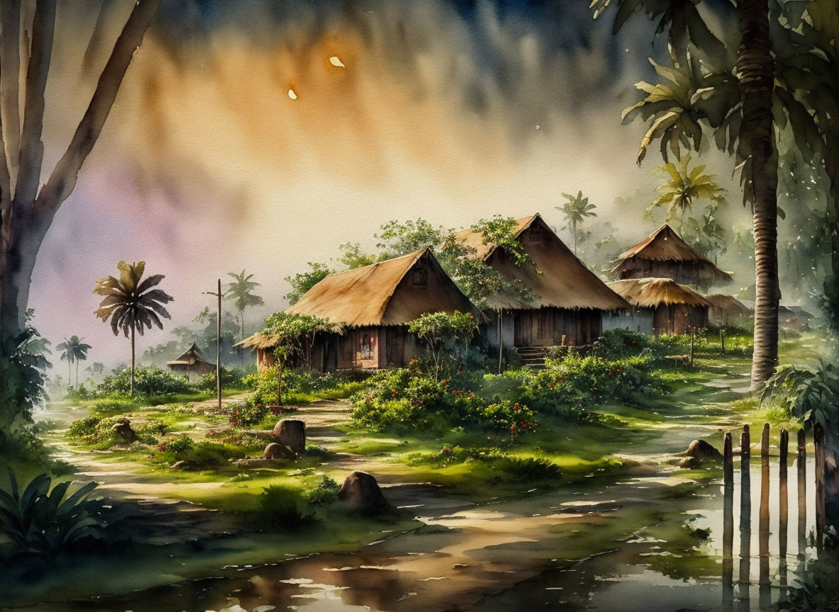 Serene village watercolor painting with thatched huts, greenery, and palm trees