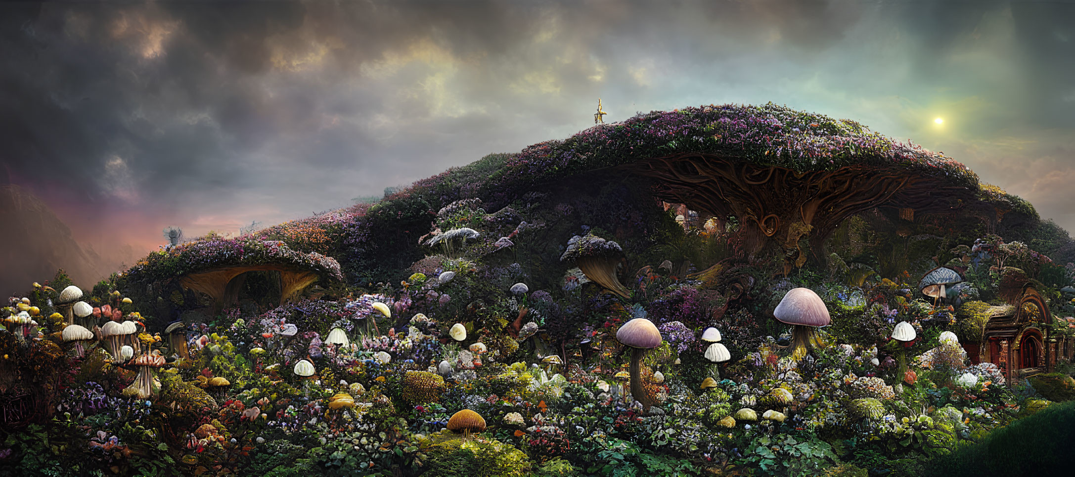 Fantasy landscape with oversized mushroom structures and colorful flora