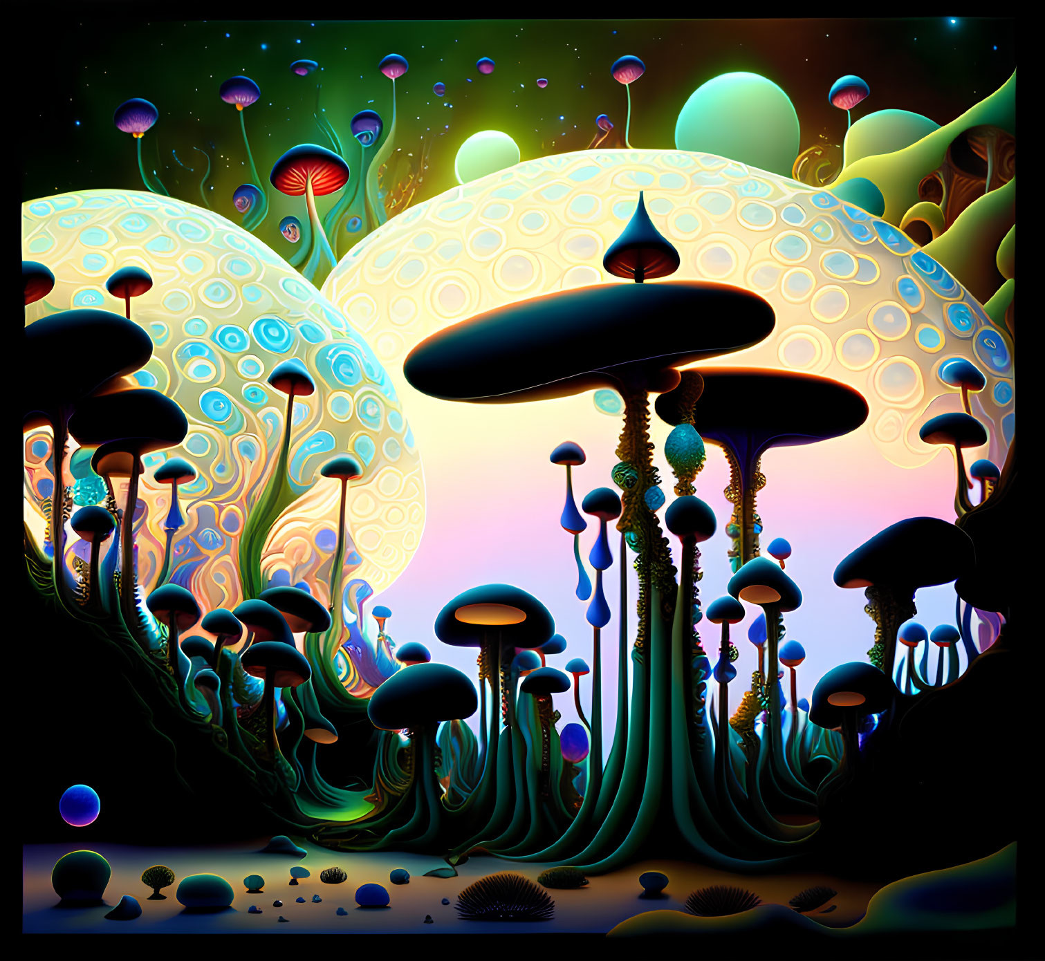 Colorful psychedelic artwork: surreal mushroom structures under night sky.