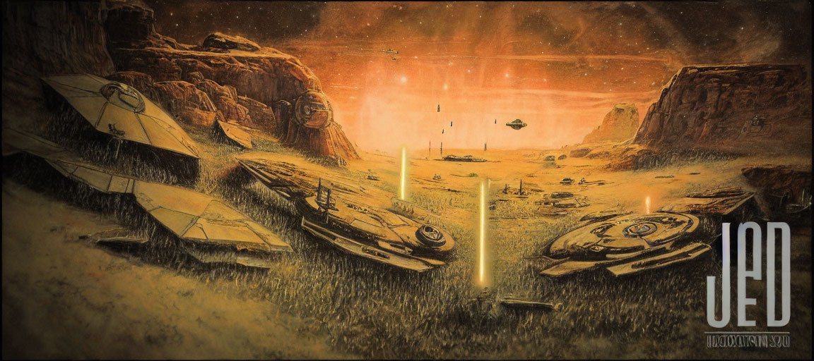 Sci-fi spacecrafts on rocky terrain under amber sky with light beam