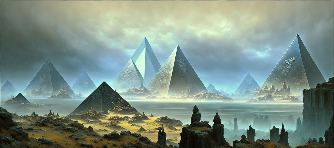 Majestic illuminated pyramids in stormy landscape