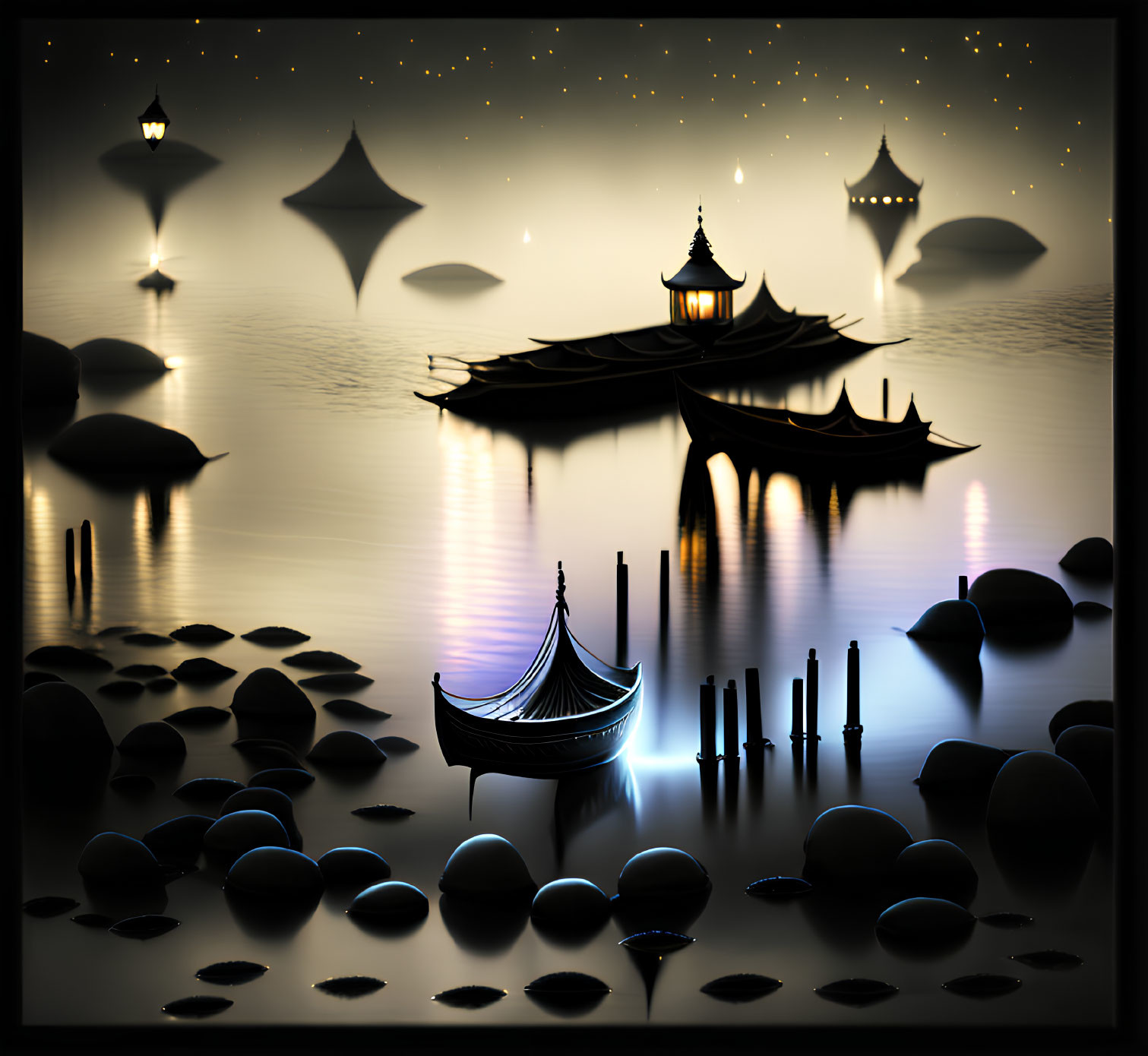 Ethereal nocturnal scene with floating lanterns over serene water