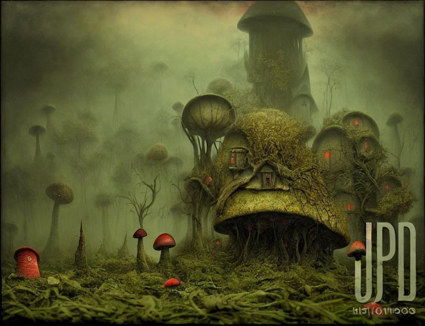 Surreal forest scene with oversized mushrooms and mushroom-shaped house in misty ambiance