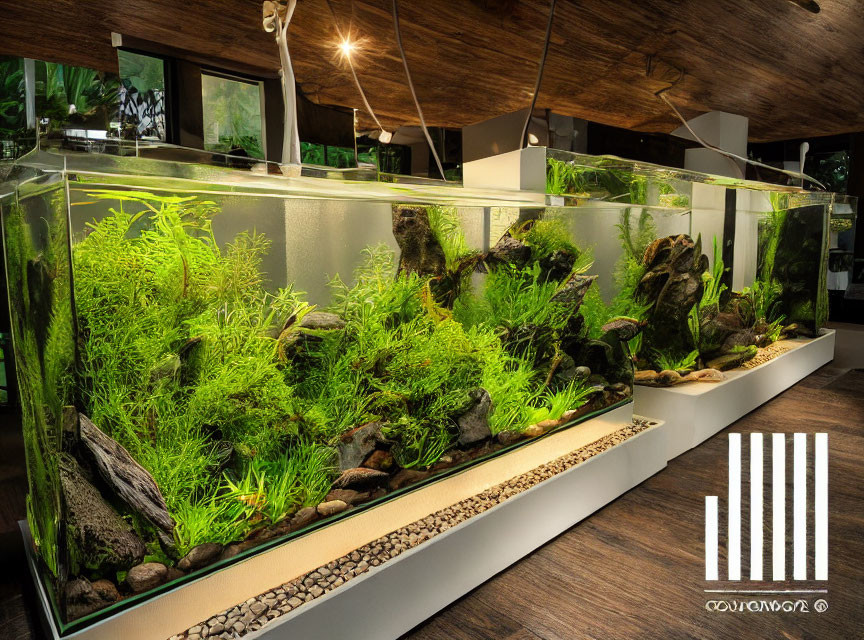 Indoor aquarium with green aquatic plants, stones, and wooden backdrop